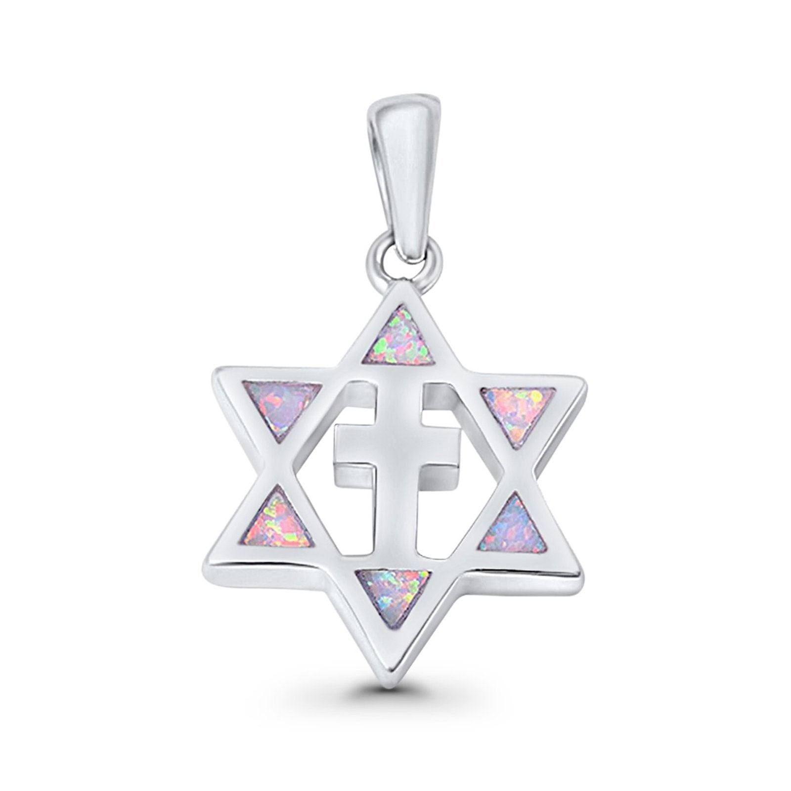 Cross Star of David Pendant Lab Created White Opal 925 Sterling Silver