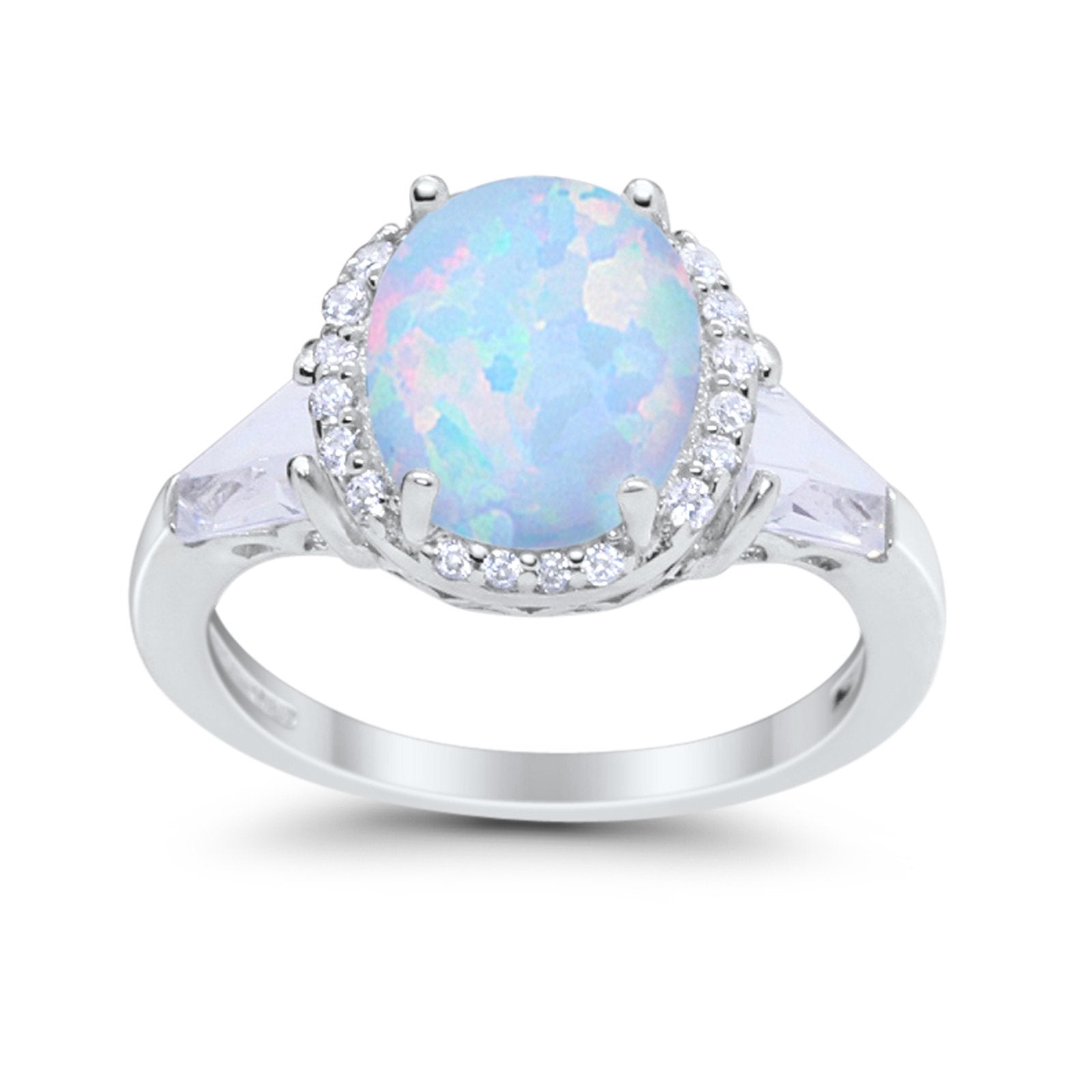 Oval Wedding Ring Round Baguette Lab Created White Opal 925 Sterling Silver