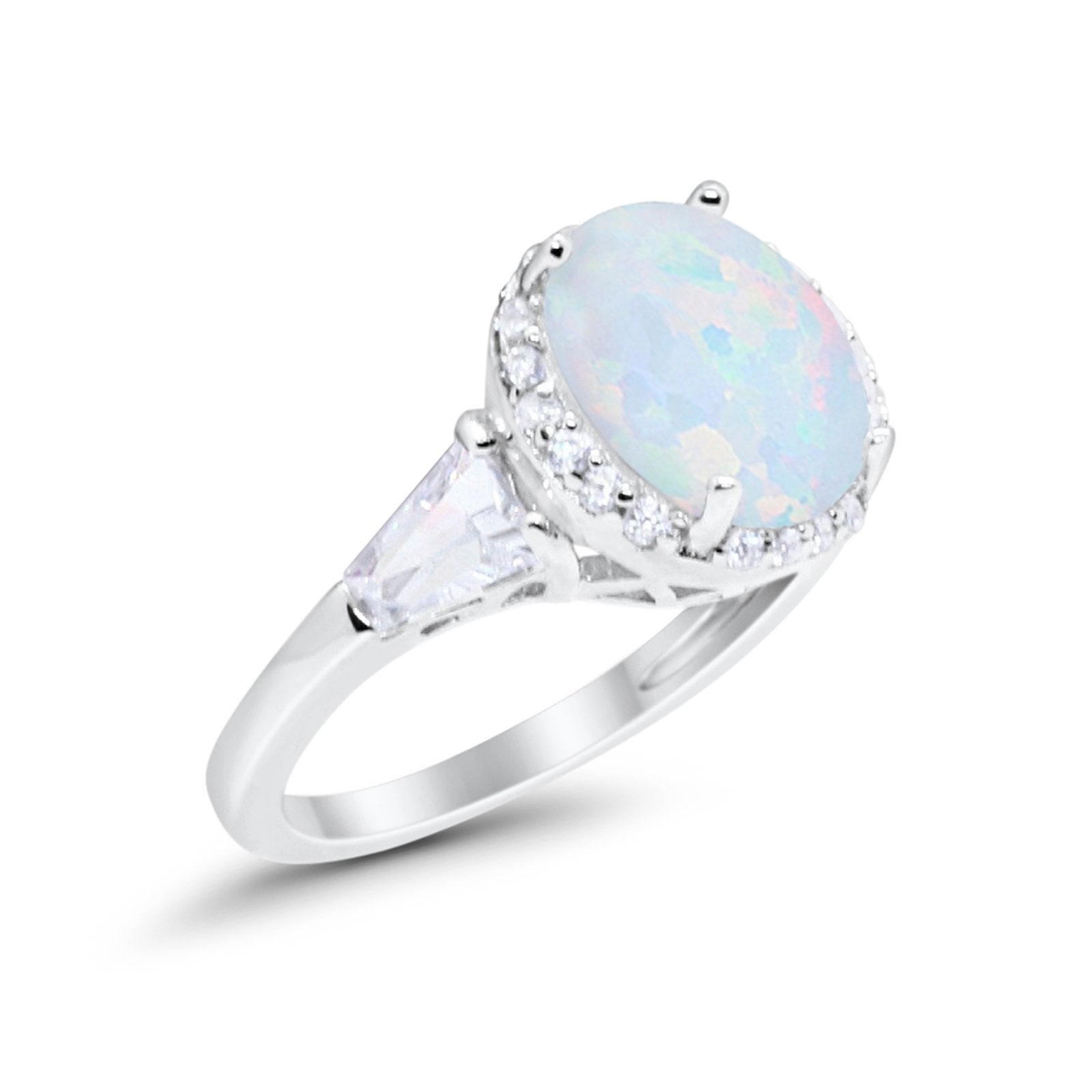 Oval Wedding Ring Round Baguette Lab Created White Opal 925 Sterling Silver