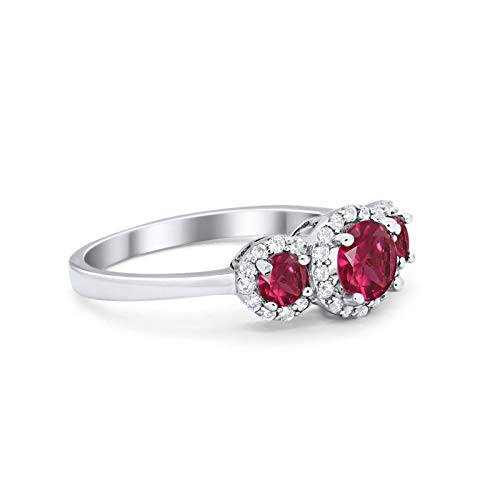 Three Stone Simulated Ruby CZ Wedding Ring 925 Sterling Silver