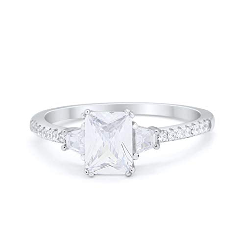 Emerald Cut Three Stone Wedding Ring Simulated CZ 925 Sterling Silver