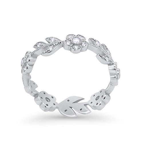 Leaf Design Ring Round Eternity Simulated Cubic Zirconia 925 Sterling Silver