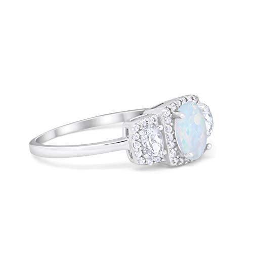 Three Stone Engagement Ring Oval Lab Created White Opal 925 Sterling Silver