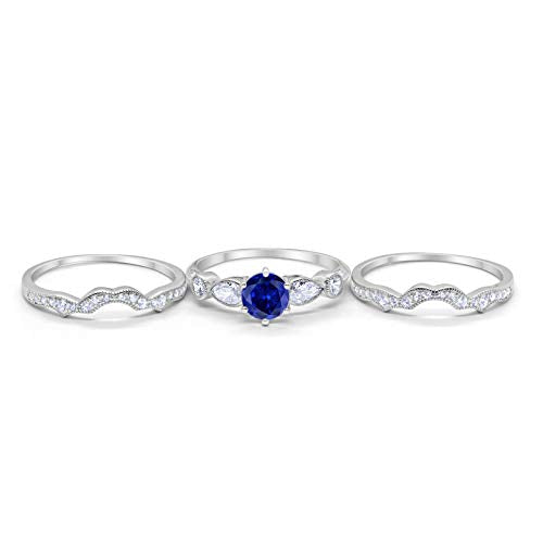 Three Piece Bridal Wedding Promise Ring Simulated Blue Sapphire CZ 925 Sterling Silver