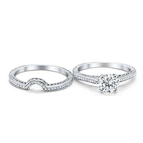 Filigree Two Piece Wedding Ring Round Simulated Cubic Zirconia 925 Sterling Silver