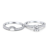 Filigree Two Piece Wedding Ring Round Simulated Cubic Zirconia 925 Sterling Silver