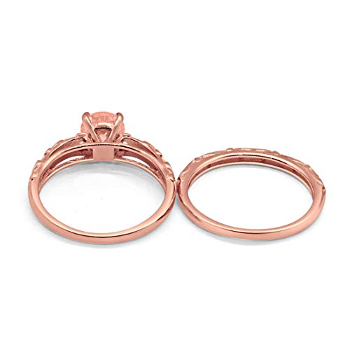 Art Deco Two Piece Wedding Ring Rose Tone, Simulated Morganite CZ 925 Sterling Silver