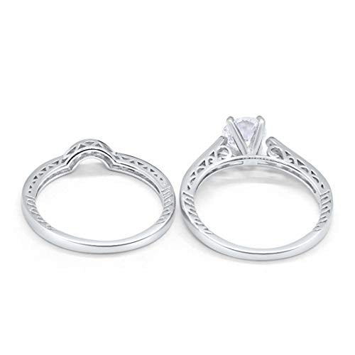 Filigree Two Piece Wedding Ring Round Simulated Cubic Zirconia 925 Sterling Silver