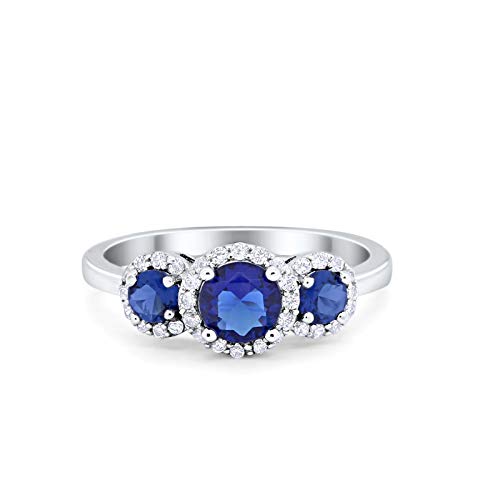 Three Stone Simulated Blue Sapphire CZ Wedding Ring 925 Sterling Silver