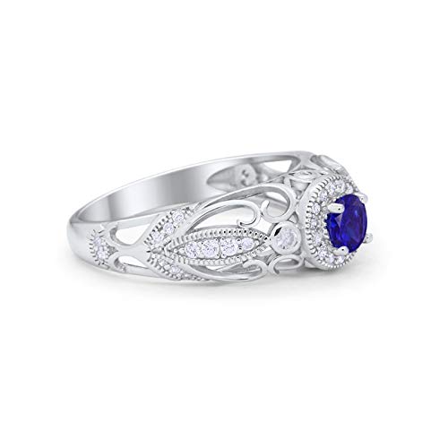 Filigree Engagement Ring Round Simulated Blue Sapphire CZ 925 Sterling Silver