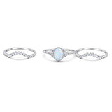 Three Piece Bridal Set Oval Round Lab White Opal Wedding Ring 925 Sterling Silver
