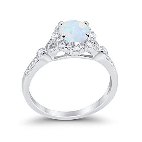 Floral Art Deco Engagement Ring Lab White Opal 925 Sterling Silver