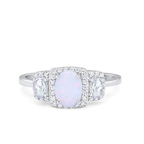 Three Stone Engagement Ring Oval Lab Created White Opal 925 Sterling Silver