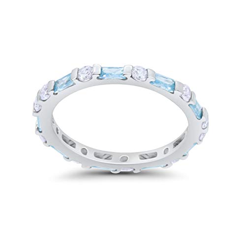 Art Deco Stackable Baguette Simulated Aquamarine Cubic Zirconia Wedding Ring 925 Sterling Silver