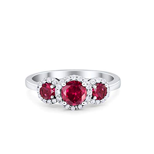 Three Stone Simulated Ruby CZ Wedding Ring 925 Sterling Silver