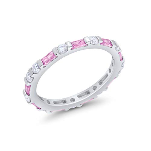 Full Eternity Baguette Round Simulated Pink CZ 925 Sterling Silver