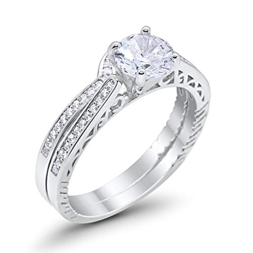 Filigree Two Piece Wedding Ring Round Simulated Cubic Zirconia 925 Sterling Silver