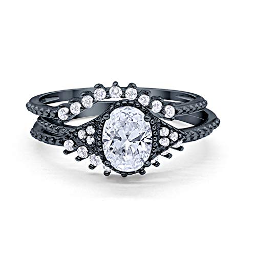 Three Piece Bridal Set Oval Round Black Tone, Simulated CZ Wedding Ring 925 Sterling Silver