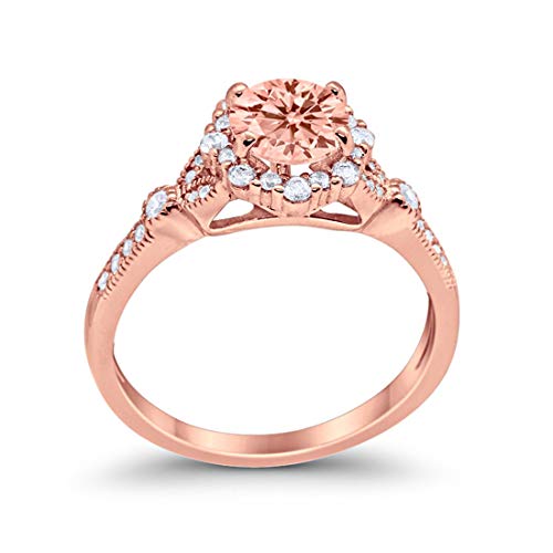 Floral Art Deco Engagement Ring Rose Tone, Simulated Morganite CZ 925 Sterling Silver