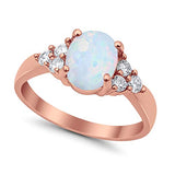 Accent Rose Tone, Lab Created White Opal Wedding Ring 925 Sterling Silver