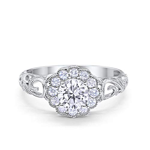 Halo Art Deco Wedding Ring Round Simulated Cubic Zirconia 925 Sterling Silver