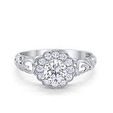 Halo Art Deco Wedding Ring Round Simulated Cubic Zirconia 925 Sterling Silver