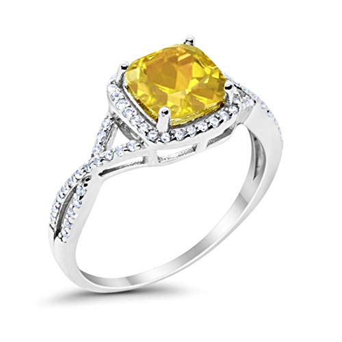 Halo Infinity Shank Engagement Ring Cushion Round Simulated Yellow CZ 925 Sterling Silver