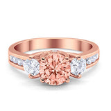 Three Stone Wedding Ring Round Rose Tone, Simulated Morganite CZ Sterling Silver