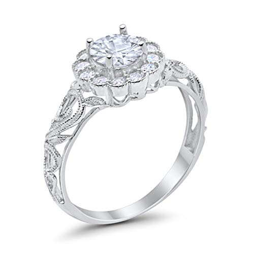 Halo Art Deco Wedding Ring Round Simulated Cubic Zirconia 925 Sterling Silver