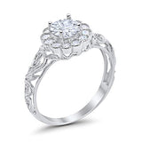 Halo Art Deco Wedding Ring Round Simulated Cubic Zirconia 925 Sterling Silver