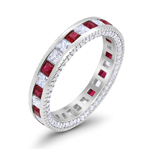 Eternity Ring Alternating Round Simulated Ruby Cubic Zirconia Solid 925 Sterling Silver