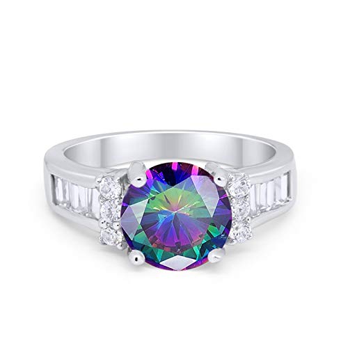 Engagement Baguette Stone Ring Simulated Rainbow CZ 925 Sterling Silver