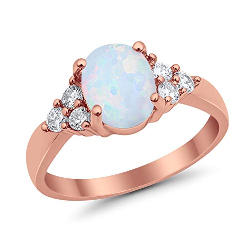 Accent Rose Tone, Lab Created White Opal Wedding Ring 925 Sterling Silver