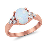 Accent Rose Tone, Lab Created White Opal Wedding Ring 925 Sterling Silver