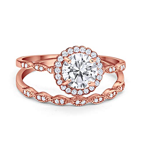Two Piece Halo Engagement Ring Rose Tone, Simulated CZ 925 Sterling Silver