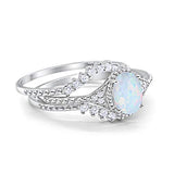 Three Piece Bridal Set Oval Round Lab White Opal Wedding Ring 925 Sterling Silver