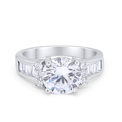 Engagement Round Baguette Stone Ring Simulated CZ 925 Sterling Silver