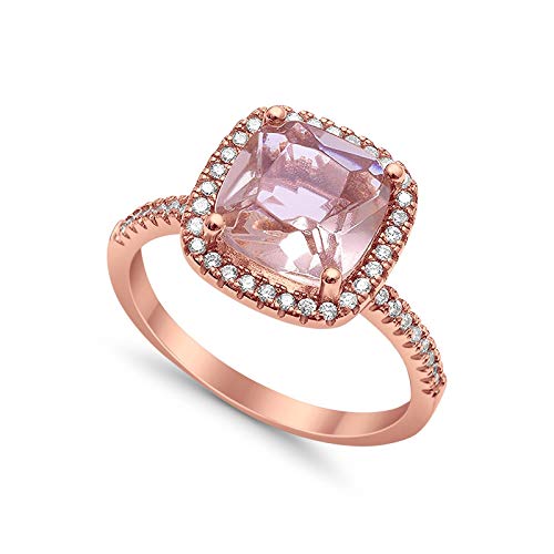 925 Sterling Silver Rose Tone, Simulated Morganite Cubic Zirconia Cushion Cut Ring