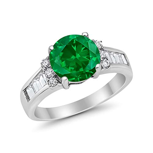 Engagement Baguette Stone Ring Simulated Green Emerald CZ 925 Sterling Silver