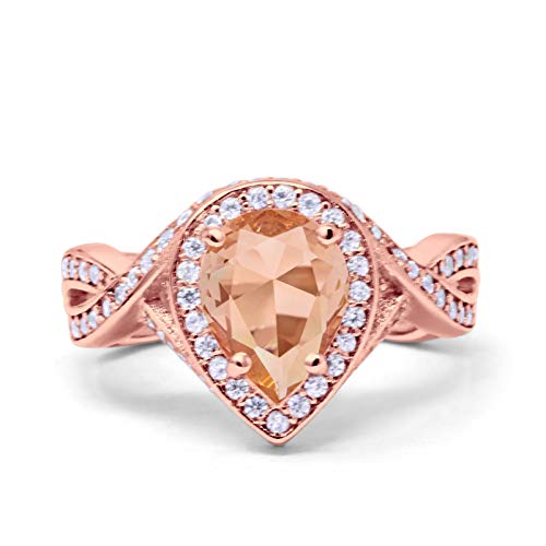 Teardrop Engagement Bridal Ring Rose Tone, Simulated Morganite CZ 925 Sterling Silver