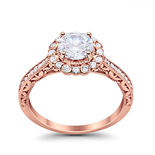 Filigree Engagement Bridal Ring Rose Tone, Simulated CZ 925 Sterling Silver