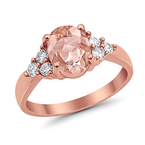 Solitaire Oval Three Stone Rose Tone, Simulated Morganite CZ 925 Sterling Silver