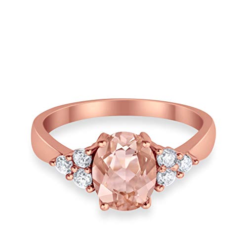 Solitaire Oval Three Stone Rose Tone, Simulated Morganite CZ 925 Sterling Silver