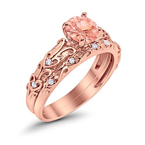 Art Deco Two Piece Wedding Ring Rose Tone, Simulated Morganite CZ 925 Sterling Silver