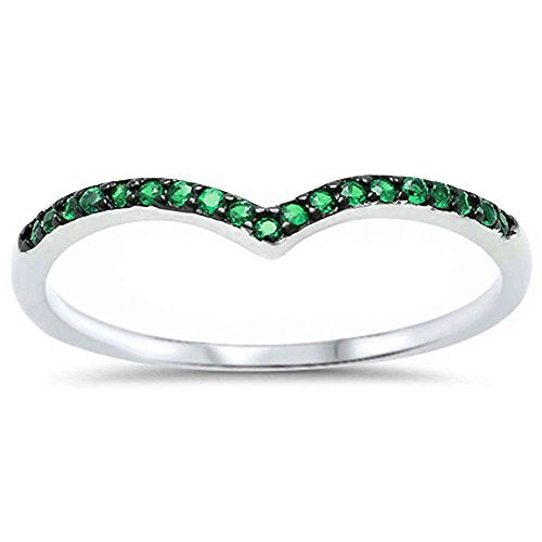Chevron Midi V-Shape Simulated Green Emerald CZ Wedding Ring 925 Sterling Silver
