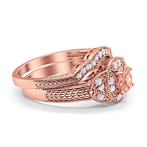Two Piece Wedding Art Deco Rose Tone, Simulated Morganite CZ 925 Sterling Silver