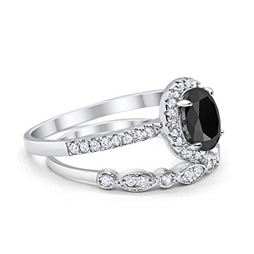 2-Piece Art Deco Wedding Bridal Ring Oval Simulated Black CZ 925 Sterling Silver
