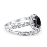 2-Piece Art Deco Wedding Bridal Ring Oval Simulated Black CZ 925 Sterling Silver