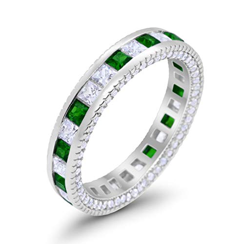 Eternity Ring Alternating Round Simulated Green Emerald CZ Solid 925 Sterling Silver