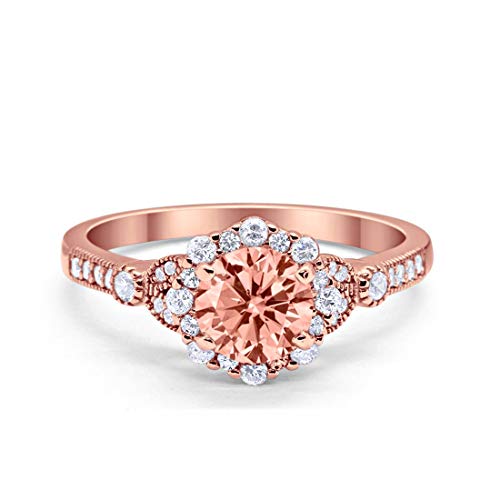 Floral Art Deco Engagement Ring Rose Tone, Simulated Morganite CZ 925 Sterling Silver